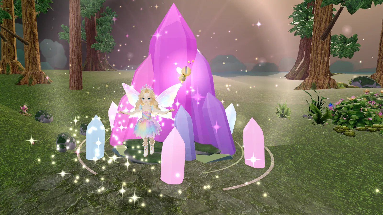 A fairy beside glowing pink crystals in a woodland clearing.