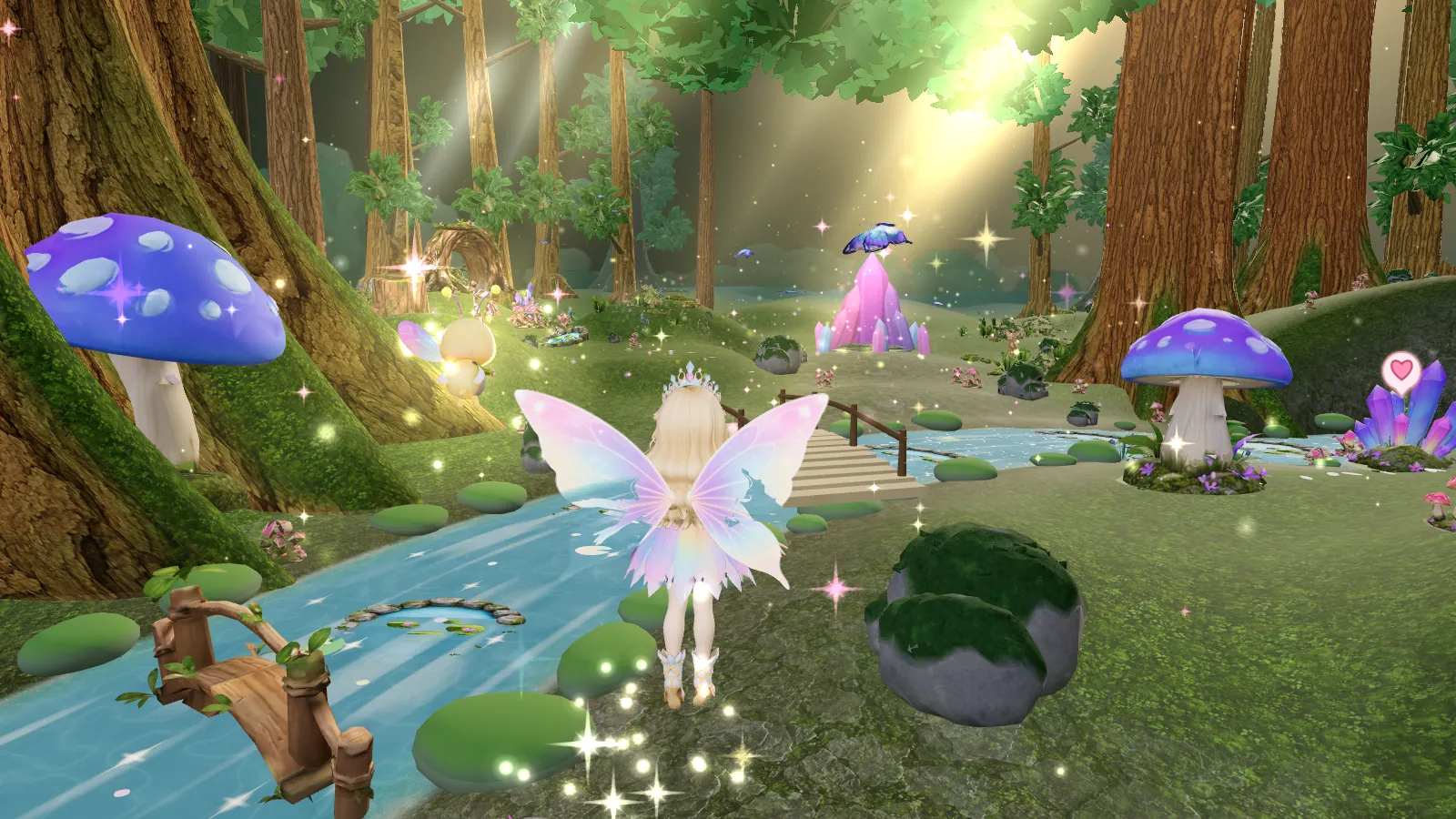 A fairy and a glowing firefly following a stream beneath the trees.